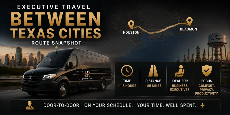 Executive travel route snapshot between Houston and Beaumont featuring a luxury Mercedes Sprinter van with Lavish Ride branding, highlighting private intercity transportation, business travel productivity, comfort, privacy, and door-to-door executive service.